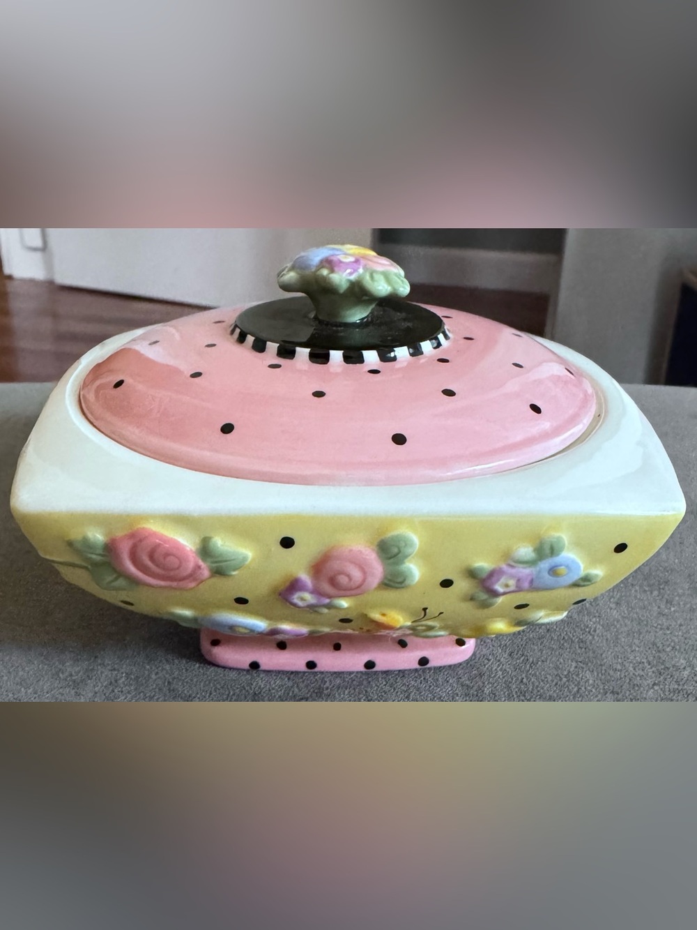 Mary Engelbreit Pink and Yellow Floral Ceramic Trinket Box or Sugar Bowl